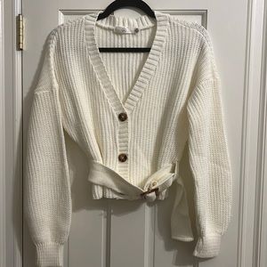 White Belted Cardigan with Tortoise Buttons